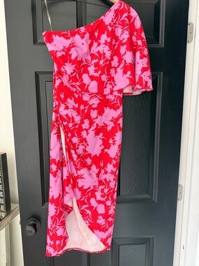 Asymmetric One-Shoulder Floral Midi Dress in Red and Pink